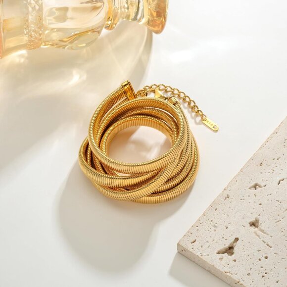 Women 3 Layer/14k Gold Snake Chain Statement Necklace Triple Layered - Picture 6 of 6